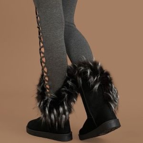 Asymmetrical Faux Fur Pull On Boots in Black - Picture 8 of 9